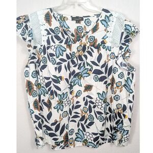 Suzanne Betro Floral Blouse Women 4X White Blue Crochet Boho Cottage Top